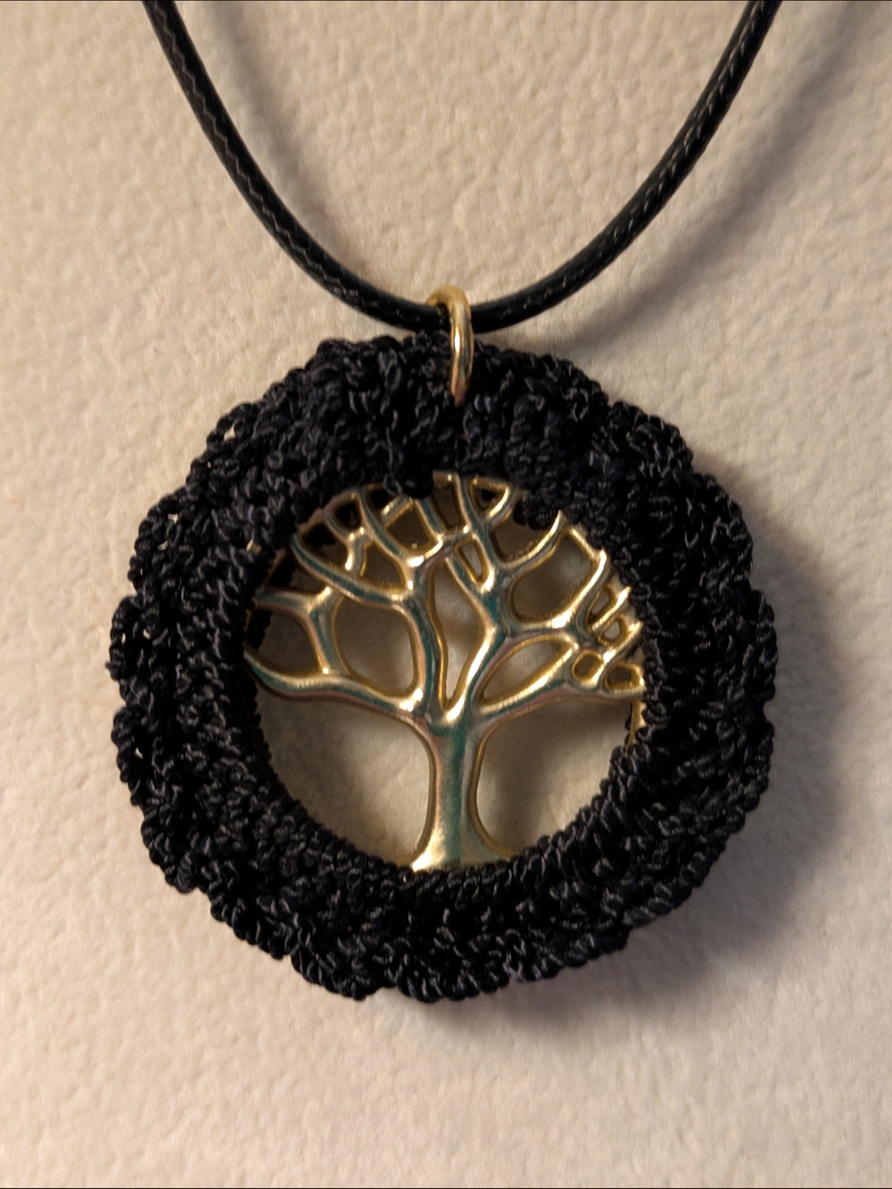 Gold Tree of Life Pendant Necklace with Black Crochet Border